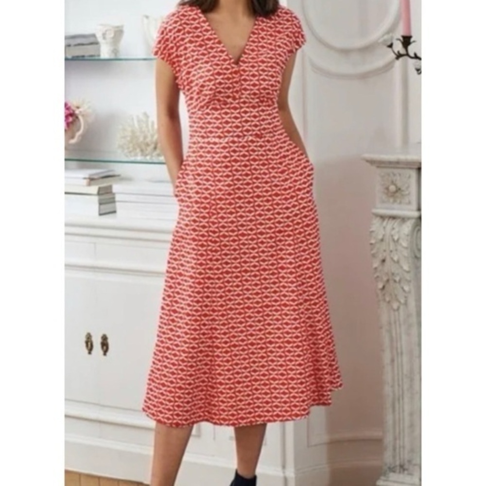 Boden Natasha Red White Fit n Flare Cotton Midi Dress EUC 8R #856